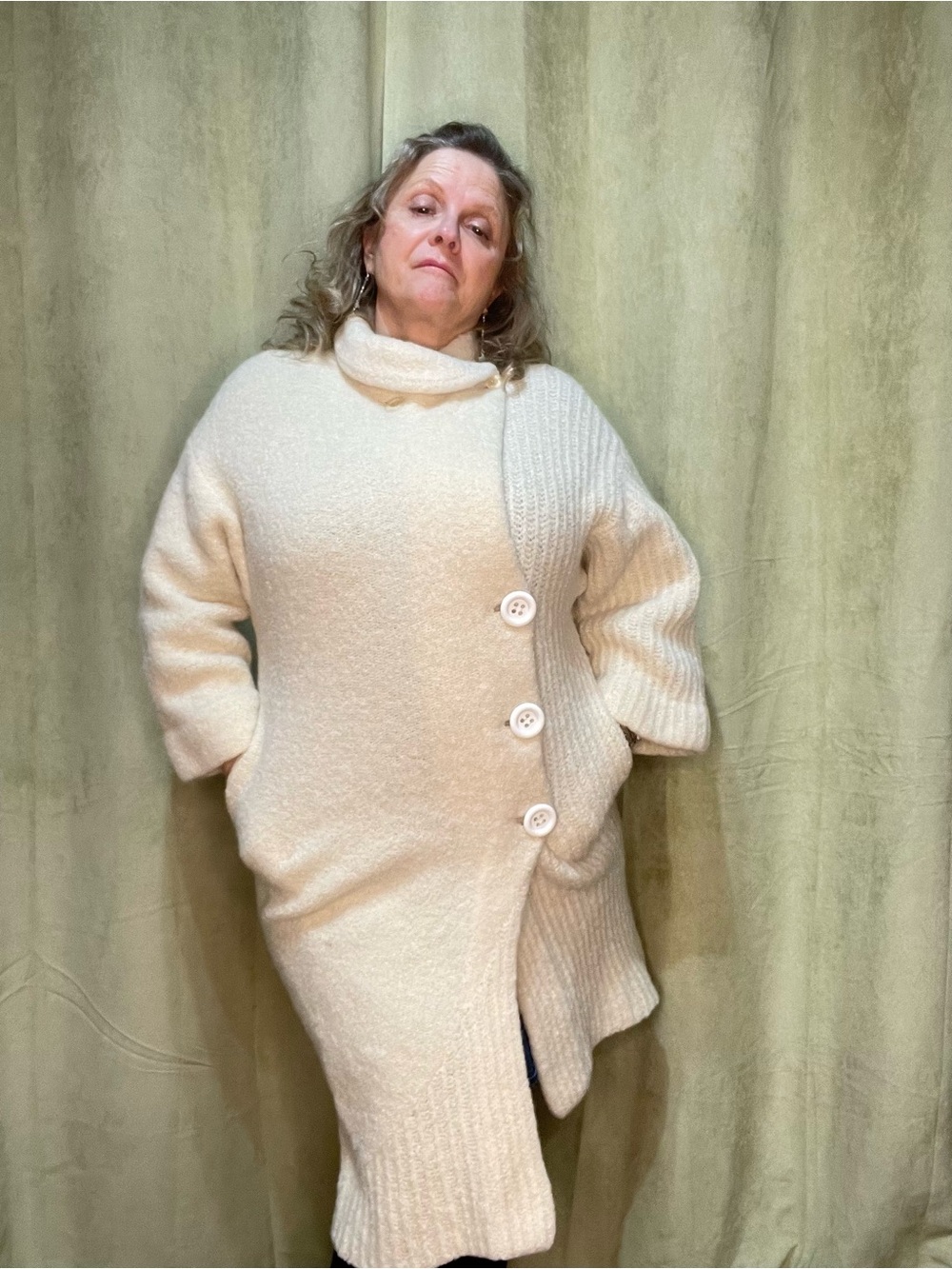 🇨🇦 Vintage Longline Cream Button-Front Women's Sweater Cardigan, 100% wool